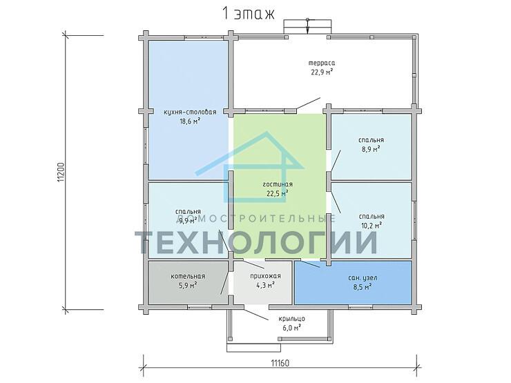 Одноэтажный дом шале из бруса 11х11 с котельной Цицилия